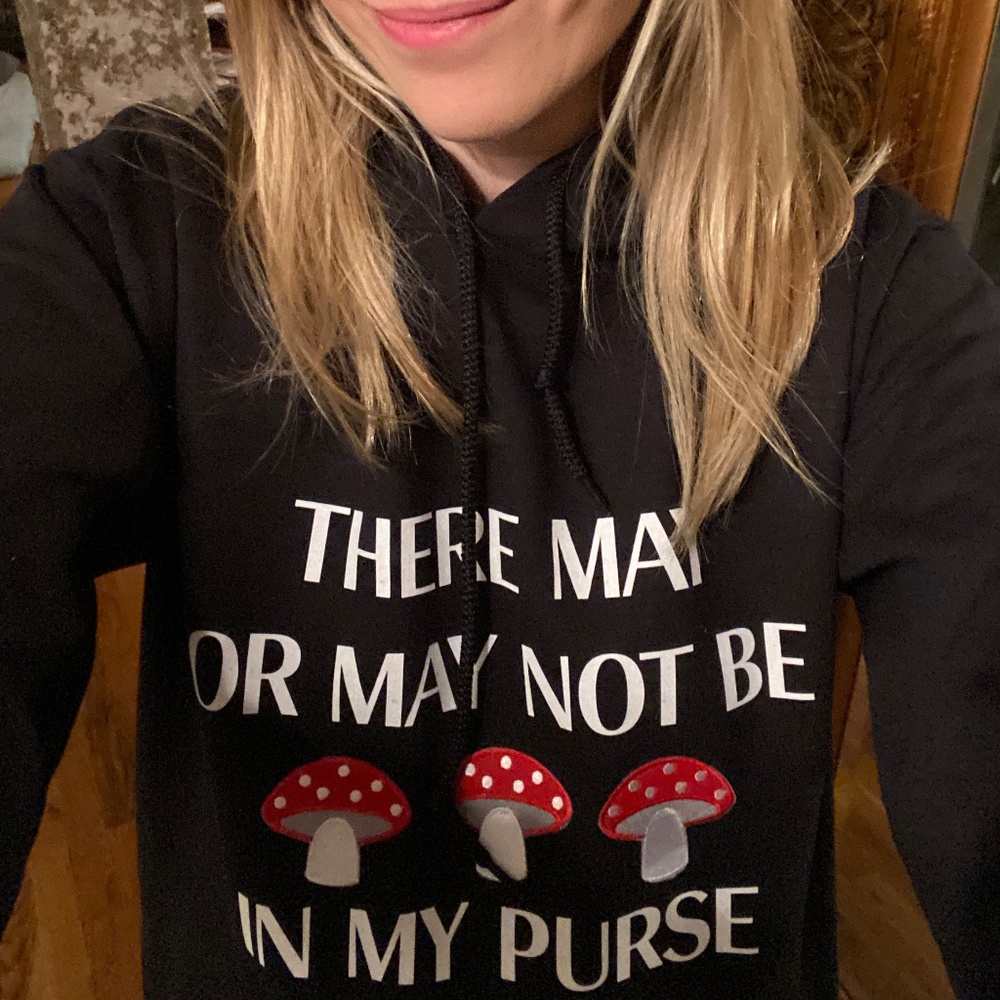 🍄 Private Party black shrooms in my purse hoodie sweatshirt w/ mushroom patches